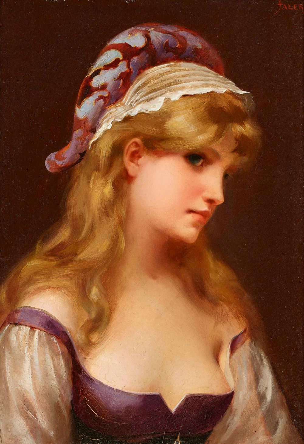 Ritratto a mezzo busto di una giovane donna con cuffia